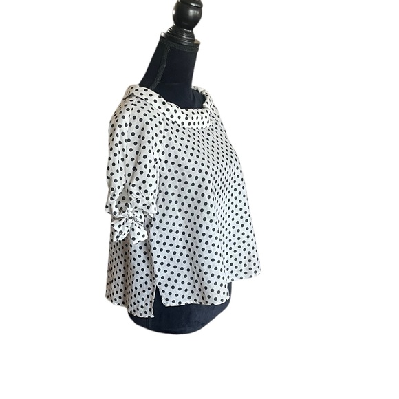 Zara linen shortsleeved bow detail polka dot cream & black button back top large - Picture 2 of 9